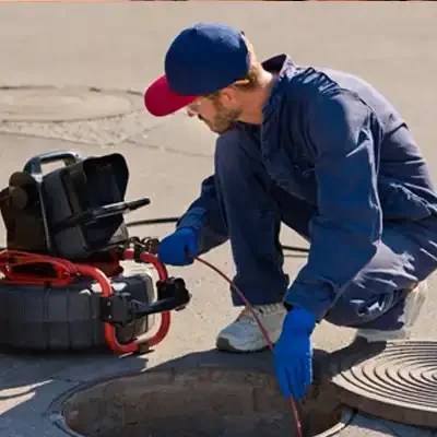 Profissional utilizando equipamento de hidrojateamento próximo a rede de esgoto